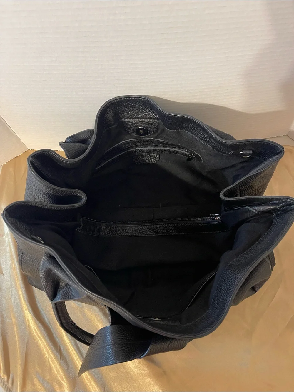 Classic Black Leather Hobo Tote with Front Knot Detail